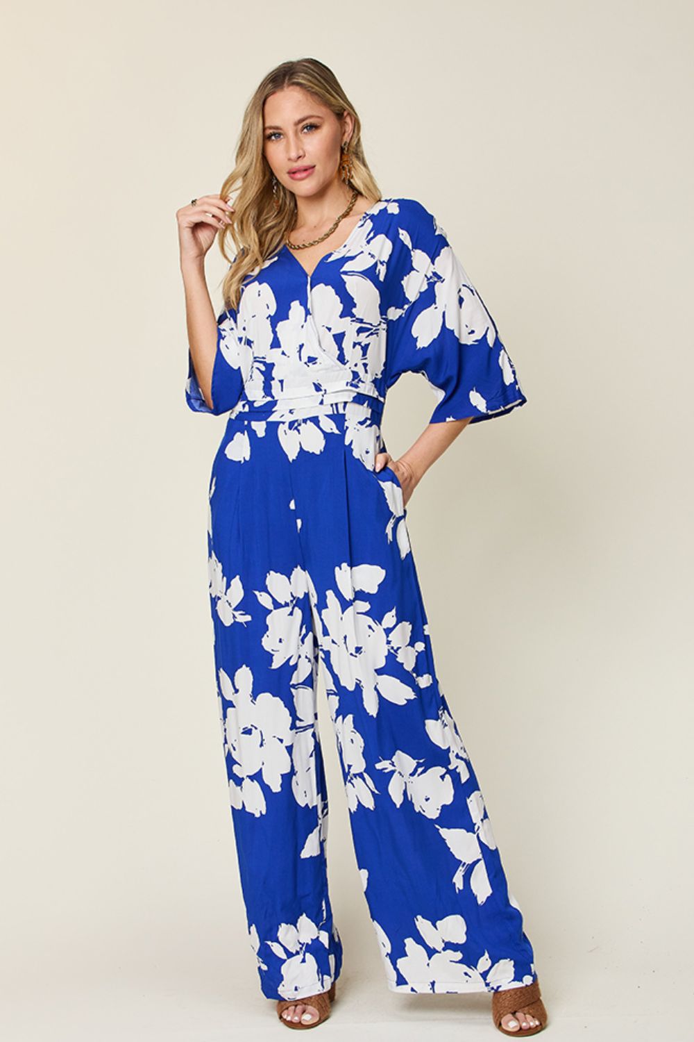 Double Take Printed Tie Back Wide Leg Jumpsuit