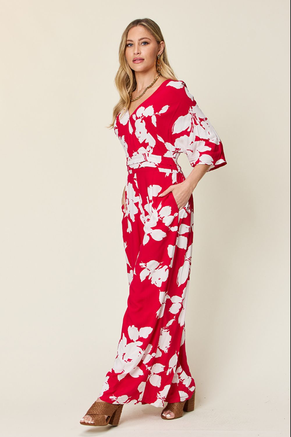 Double Take Printed Tie Back Wide Leg Jumpsuit