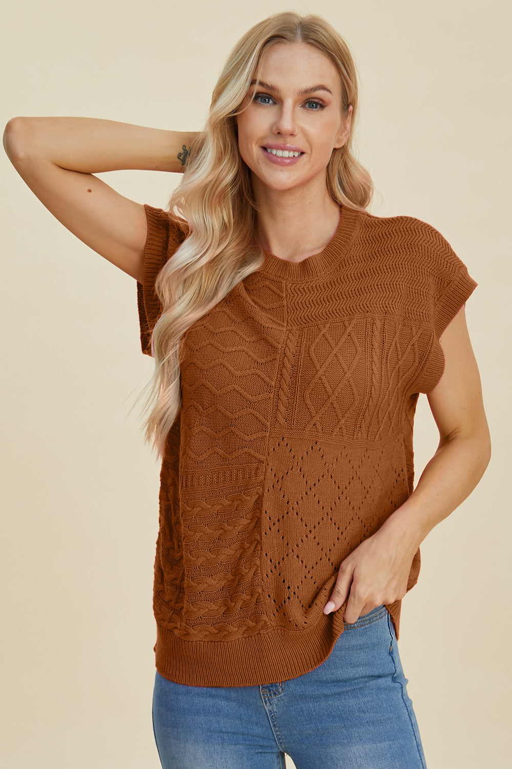 Double Take Cable-Knit Round Neck Cap Sleeve Sweater