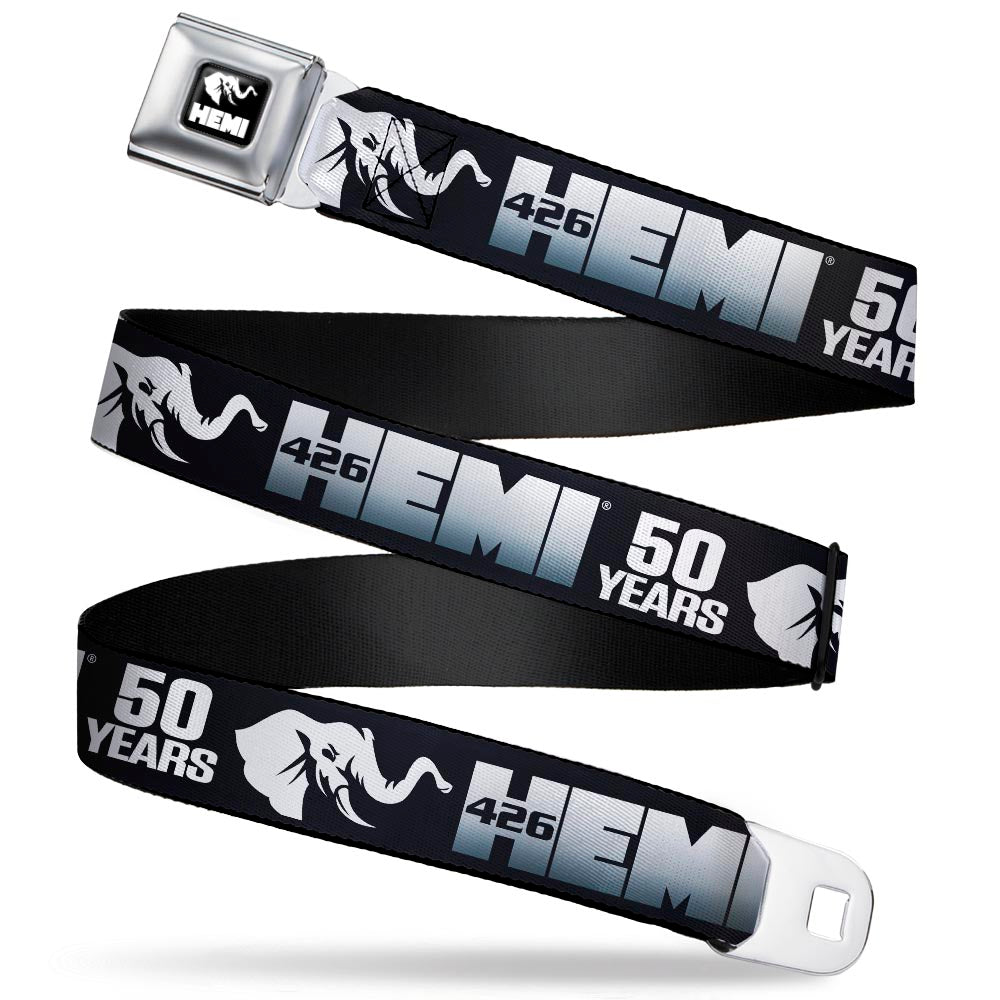 HEMI Elephant Logo Full Color Black/White Seatbelt Belt - HEMI 426/Elephant Logo 50 YEARS Black/White/Silver-Fade Webbing