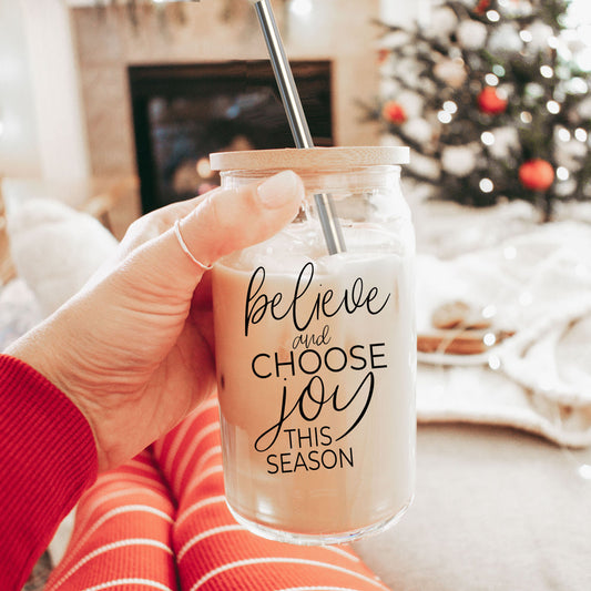 17oz Glass Tumbler With Bamboo Lid, 2 Steel Straws And Cleaner - Believe Joy