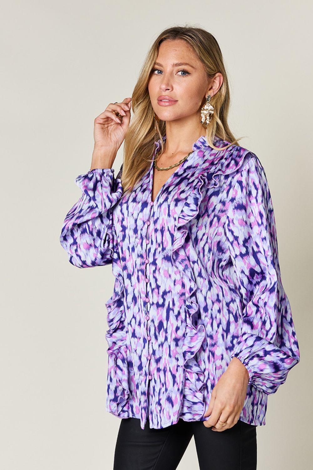 Double Take Printed Ruffle Trim Balloon Sleeve Shirt