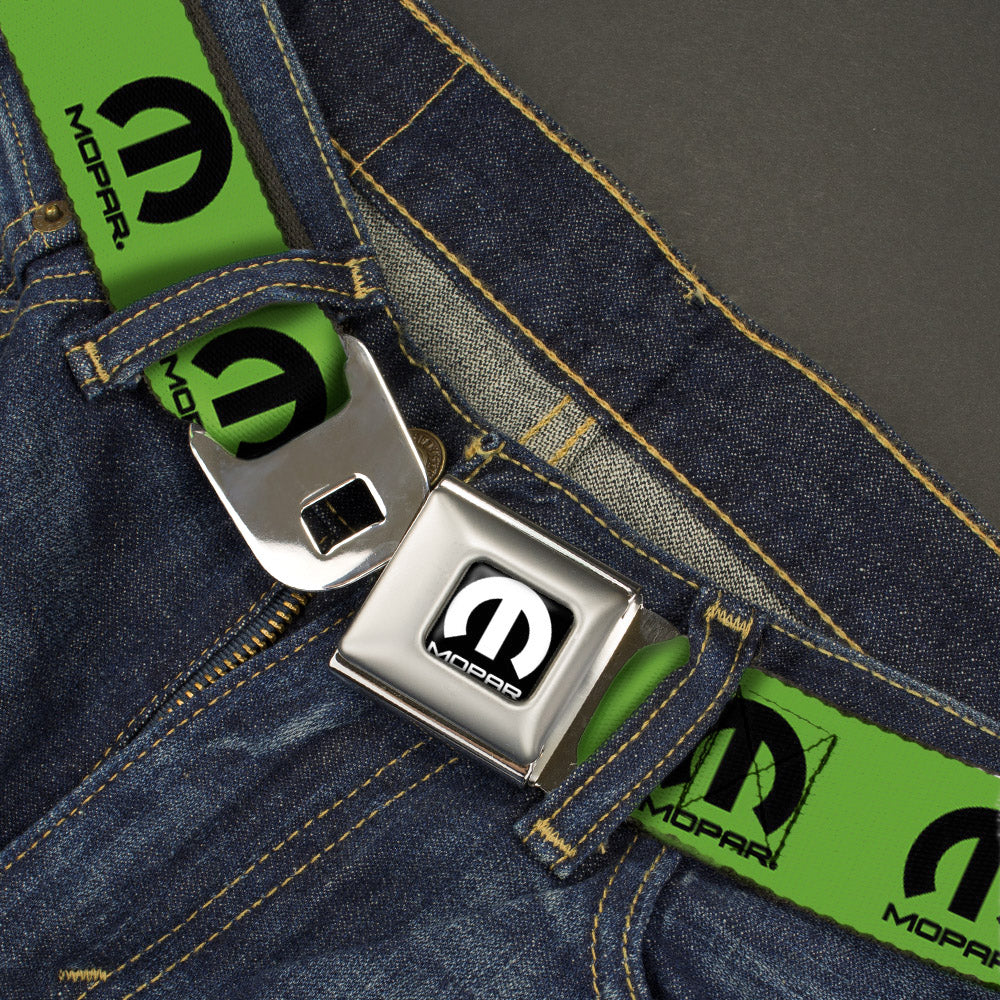 MOPAR Logo Full Color Black/White Seatbelt Belt - MOPAR Logo Repeat Green/Black Webbing