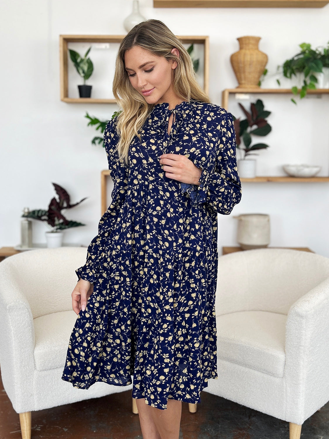 Double Take Printed Ruffle Hem Long Sleeve Tiered Dress