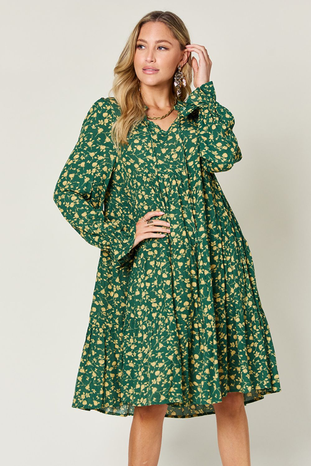 Double Take Printed Ruffle Hem Long Sleeve Tiered Dress