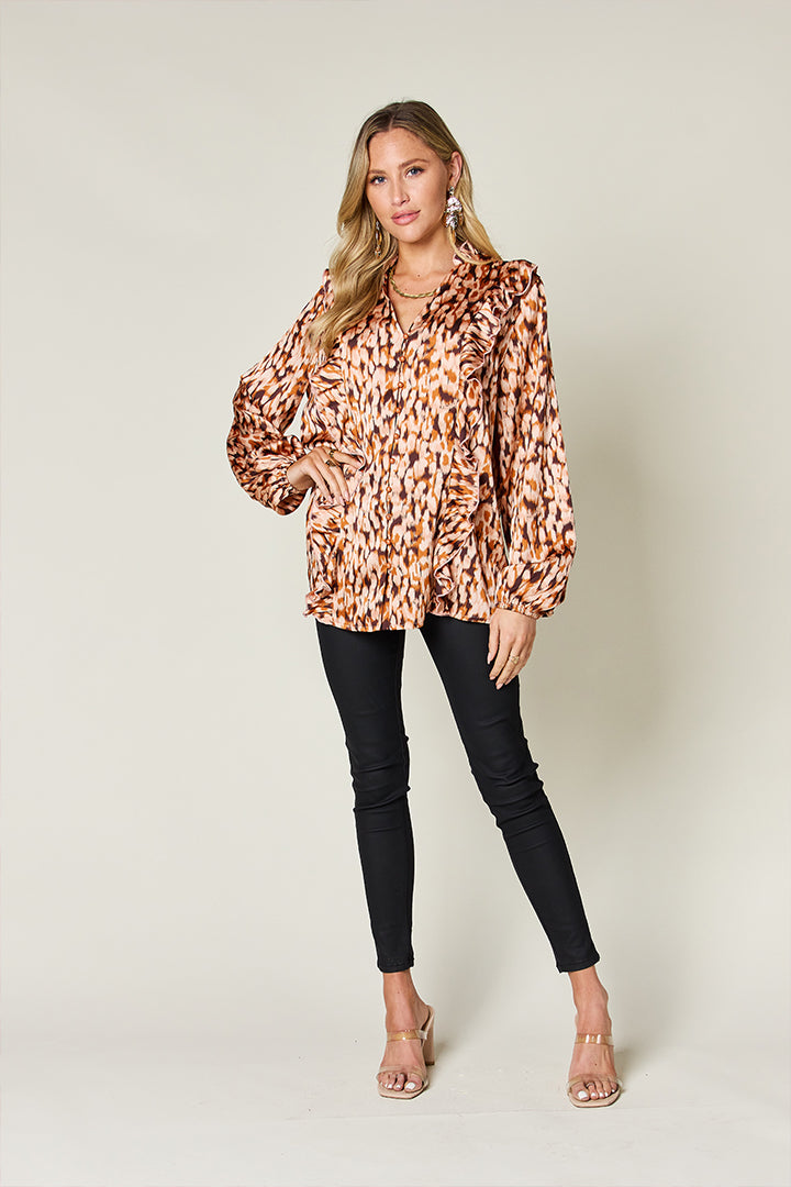 Double Take Printed Ruffle Trim Balloon Sleeve Shirt