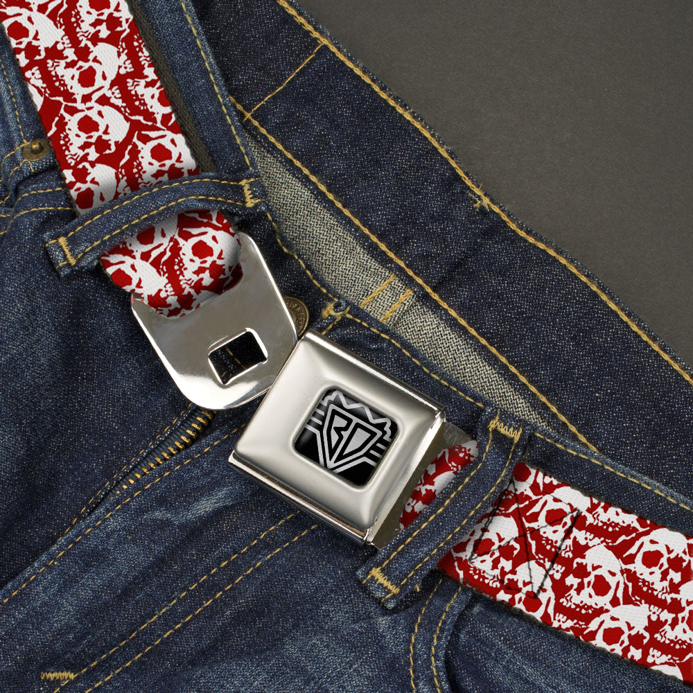 BD Wings Logo CLOSE-UP Full Color Black Silver Seatbelt Belt - Skull Yard Red/White Webbing
