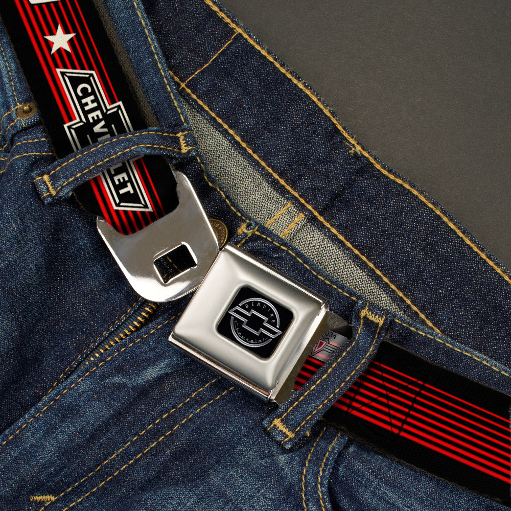 Chevy Seatbelt Belt - Vintage CHEVROLET Bowtie SINCE 1911/Stars Stripe Black/Red/Ivory (1934 logo) Webbing