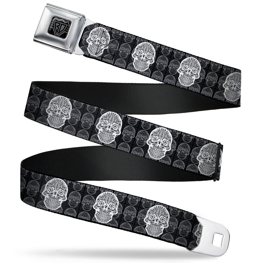 BD Wings Logo CLOSE-UP Full Color Black Silver Seatbelt Belt - Skull Candy Black/Gray/White Webbing