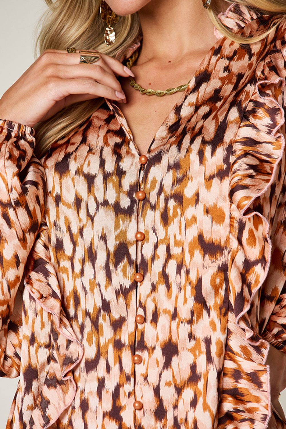 Double Take Printed Ruffle Trim Balloon Sleeve Shirt