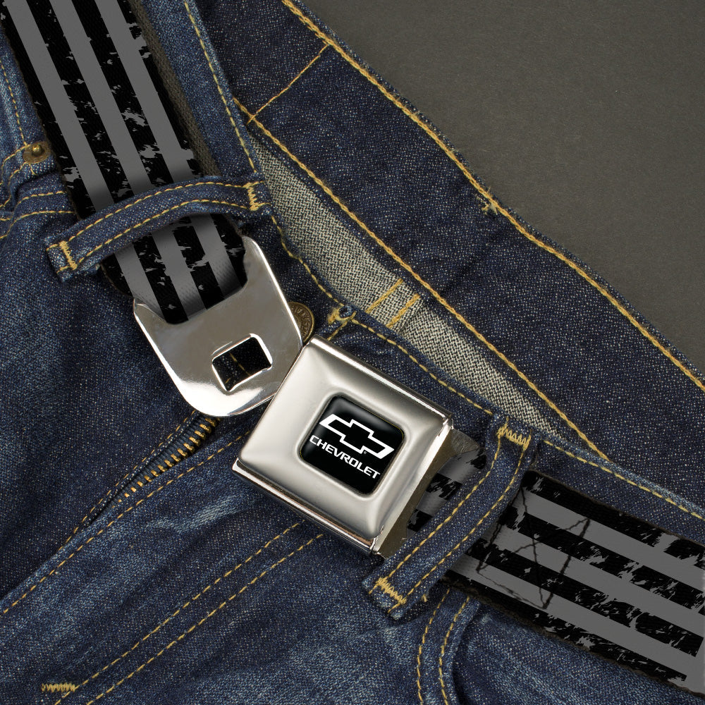 Chevy Bowtie/CHEVROLET Text Full Color Black/White Seatbelt Belt - Chevrolet Bowtie Americana Stripes Weathered Gray/Black Webbing