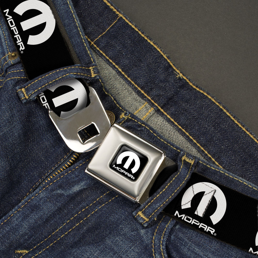 MOPAR Logo Full Color Black/White Seatbelt Belt - MOPAR Logo Repeat Black/White Webbing