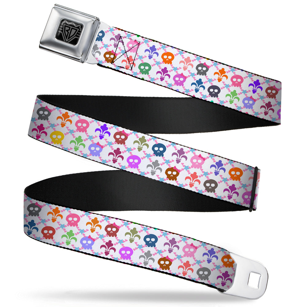 BD Wings Logo CLOSE-UP Full Color Black Silver Seatbelt Belt - Skull & Fleur-de-Lis White/Multi Color Webbing