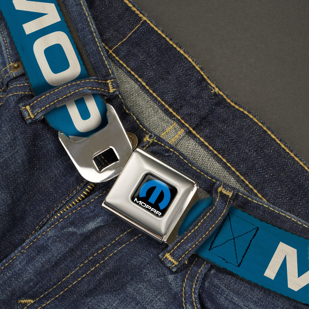 MOPAR Logo Full Color Black/Blue/White Seatbelt Belt - MOPAR Text Blue/White Webbing