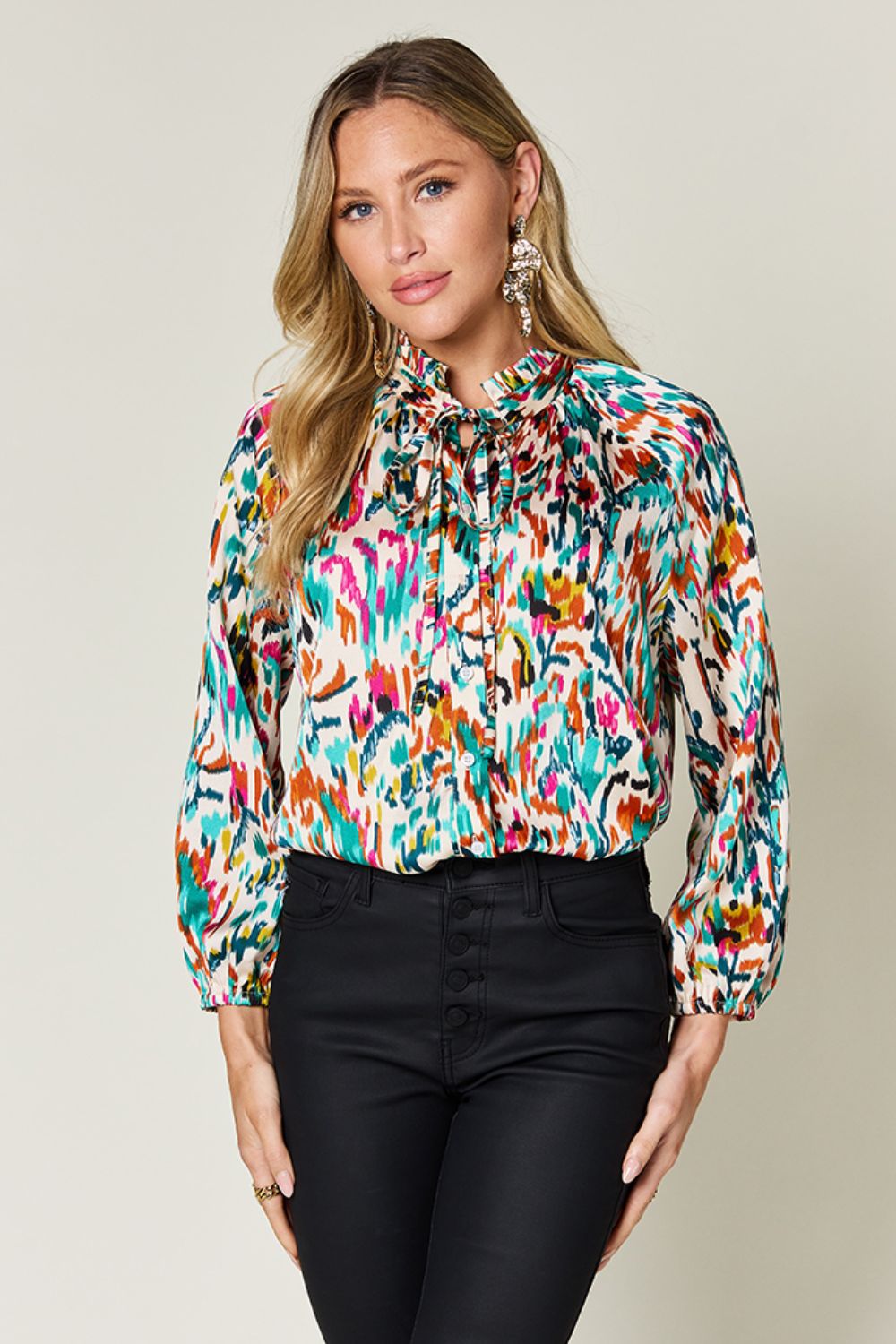 Double Take Printed Button Up Long Sleeve Shirt