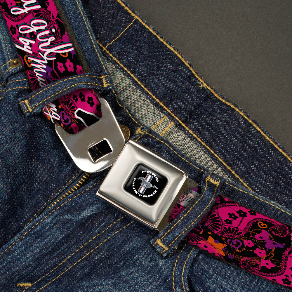 FORD MUSTANG Tri-Bar Logo Full Color Black White Silver Red Blue Seatbelt Belt - Mustang PONY GIRL/Floral Collage Black/Pinks/White Webbing