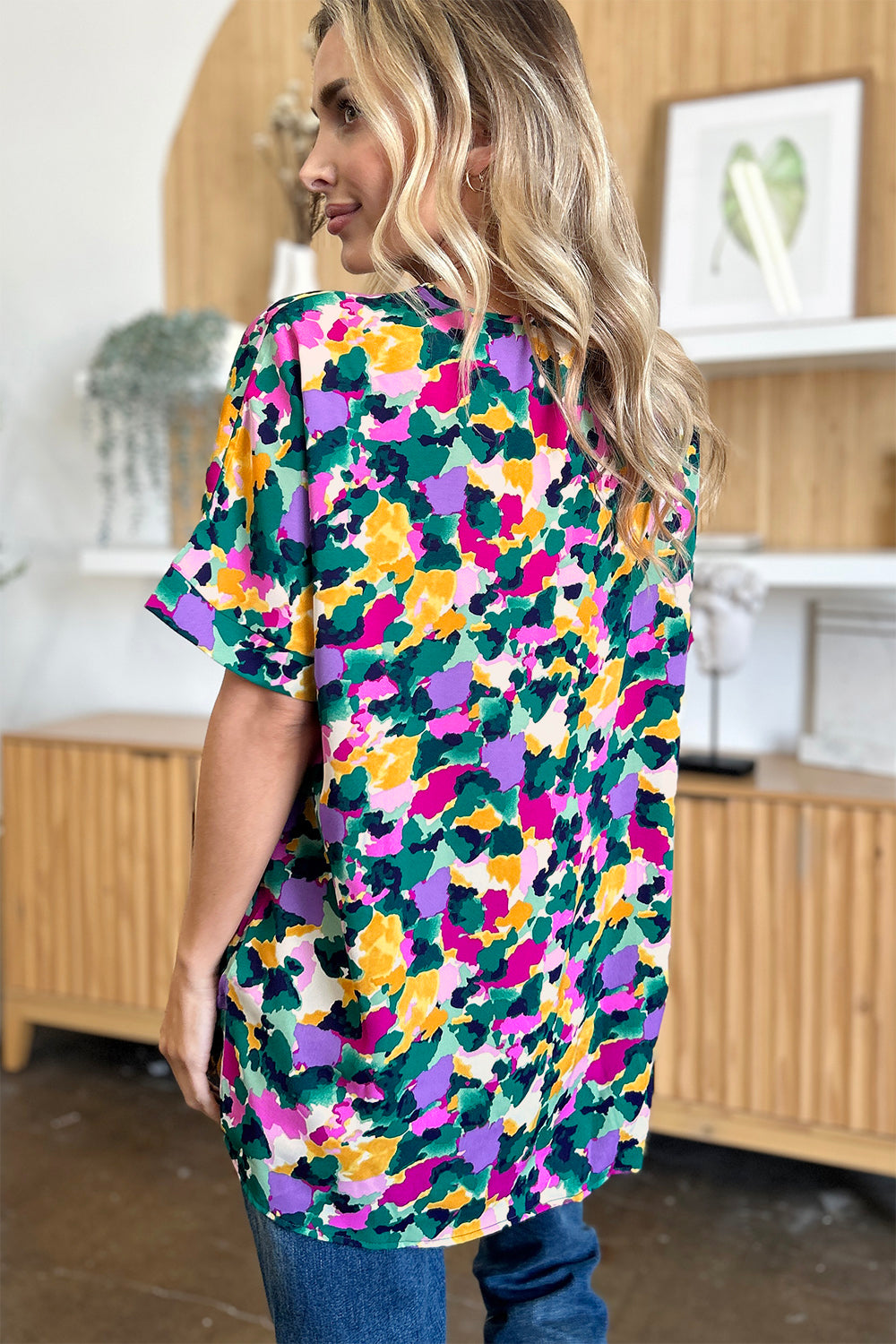Double Take Printed V-Neck Short Sleeve Blouse