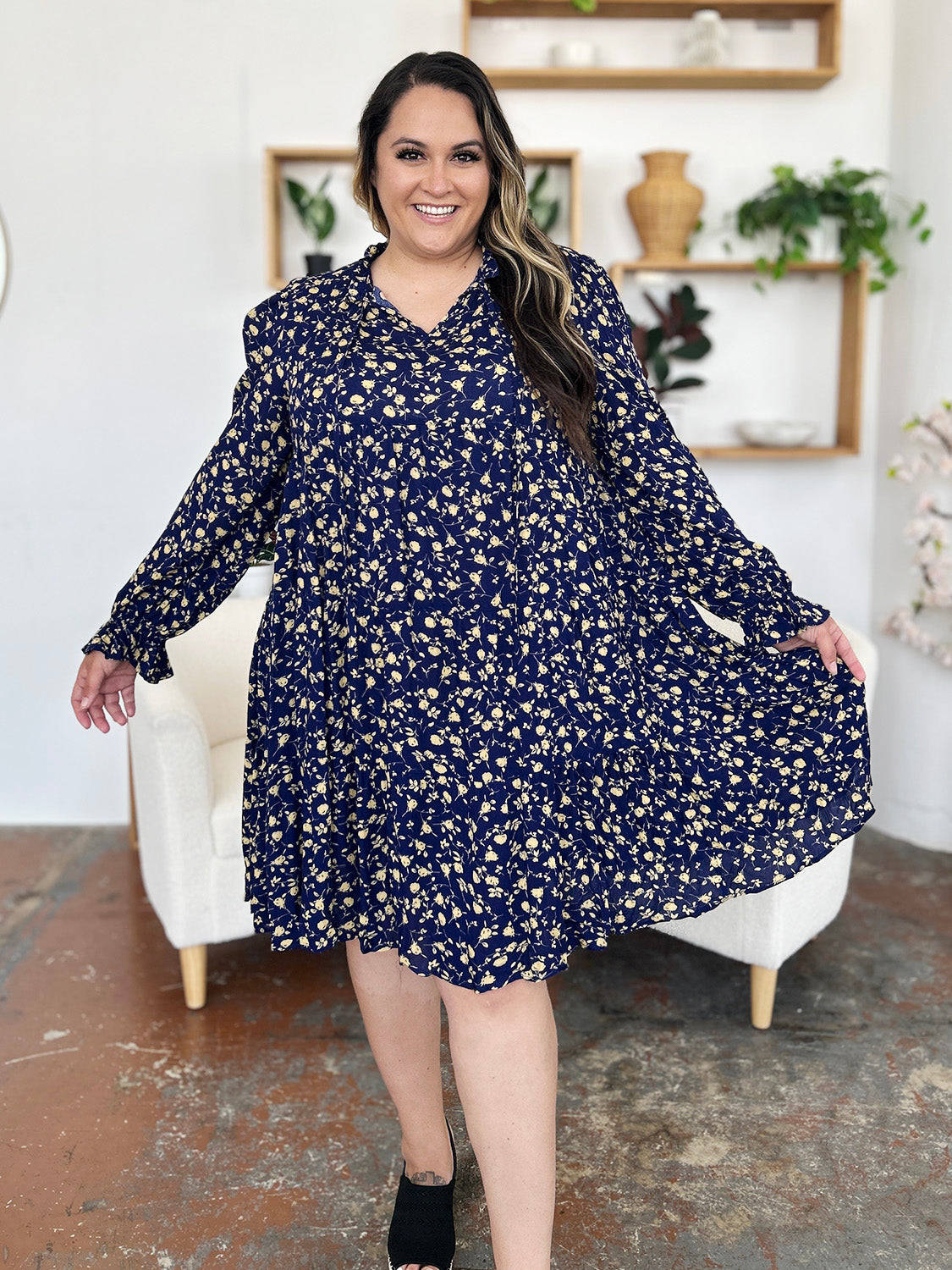 Double Take Printed Ruffle Hem Long Sleeve Tiered Dress
