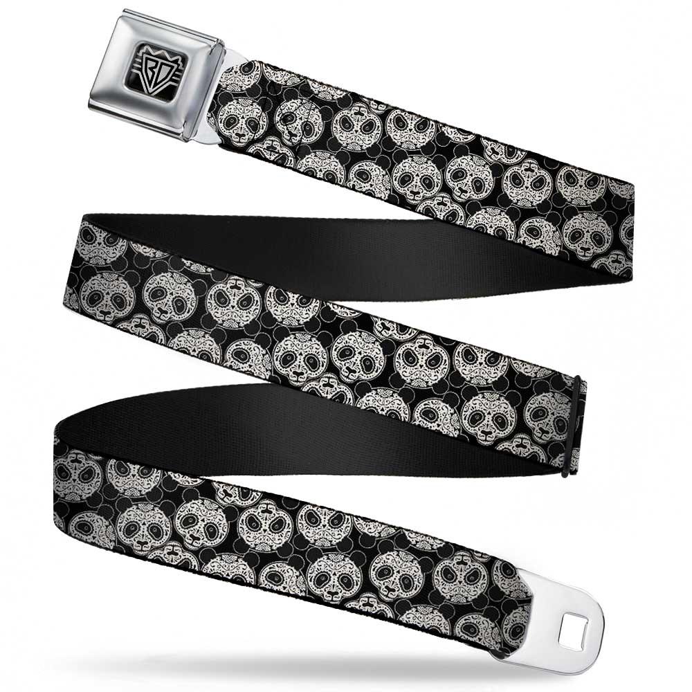 BD Wings Logo CLOSE-UP Full Color Black Silver Seatbelt Belt - Panda Bear Sugar Skull Scattered Black/Cream Webbing