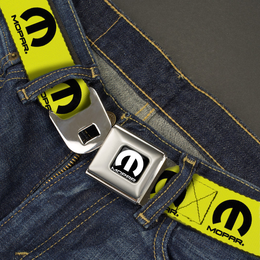 MOPAR Logo Full Color Black/White Seatbelt Belt - MOPAR Logo Repeat Yellow/Black Webbing