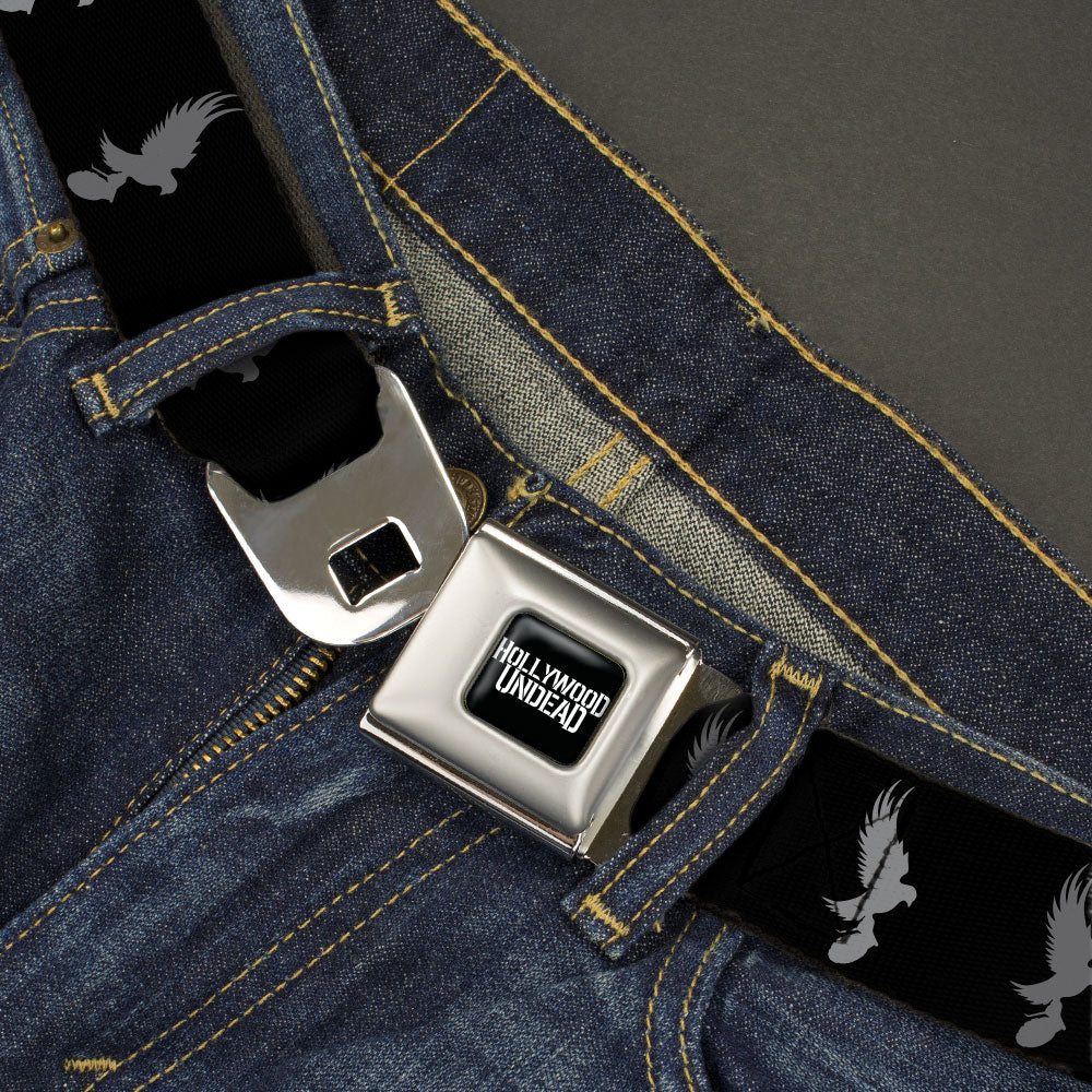 HOLLYWOOD UNDEAD Text Logo Full Color Black/White Seatbelt Belt - Hollywood Undead Dove & Grenade Icon Black/Grays Webbing