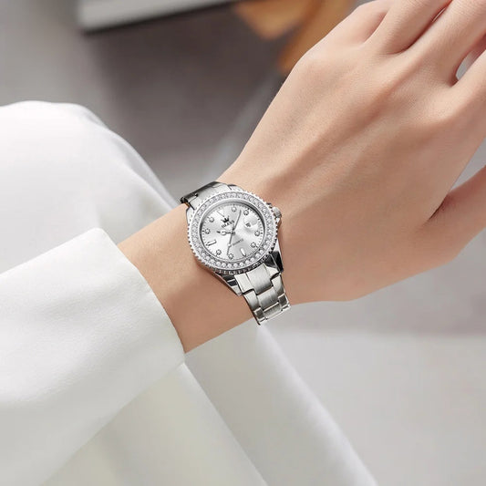 Women's Sunray Dial Zircon Bezel Steel Quartz Watch
