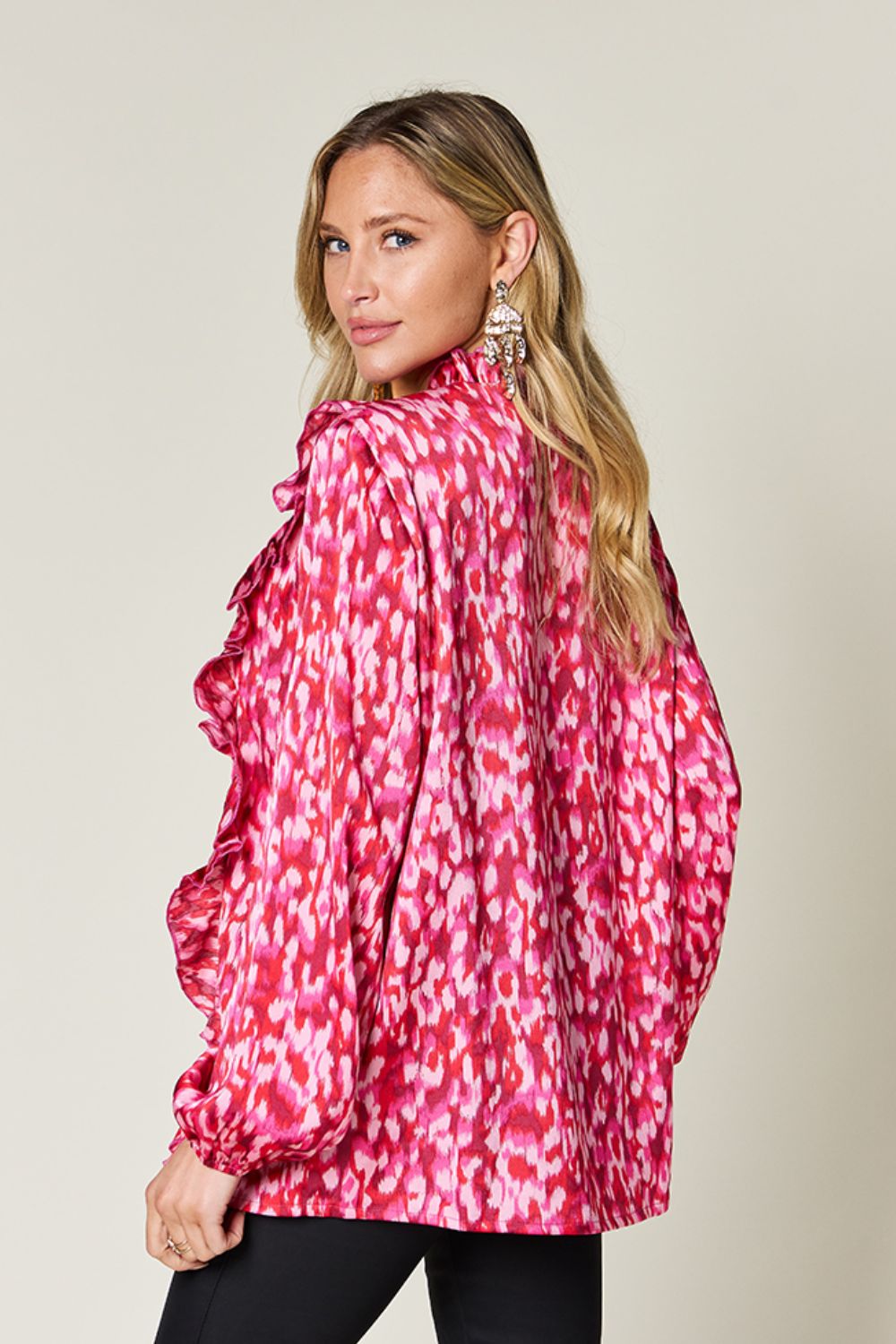 Double Take Printed Ruffle Trim Balloon Sleeve Shirt