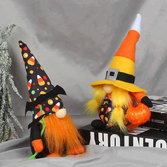 Candy Corn Themed Halloween Gnomes, Black Orange and Yellow Plush Colors