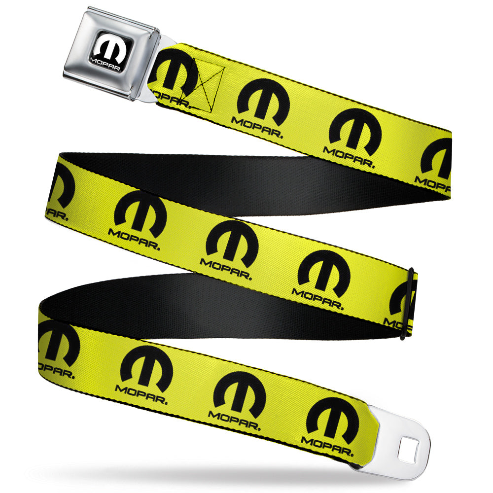 MOPAR Logo Full Color Black/White Seatbelt Belt - MOPAR Logo Repeat Yellow/Black Webbing