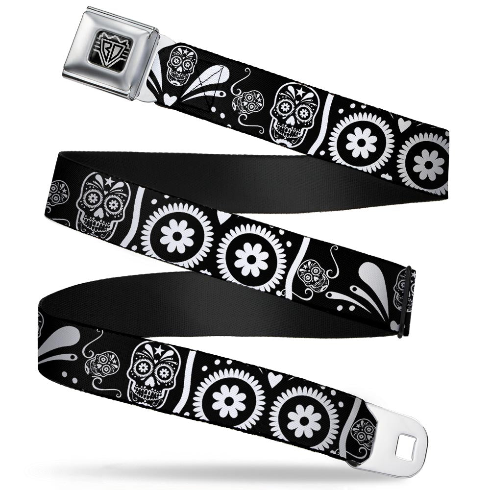 BD Wings Logo CLOSE-UP Full Color Black Silver Seatbelt Belt - Sugar Skulls Black/White Webbing