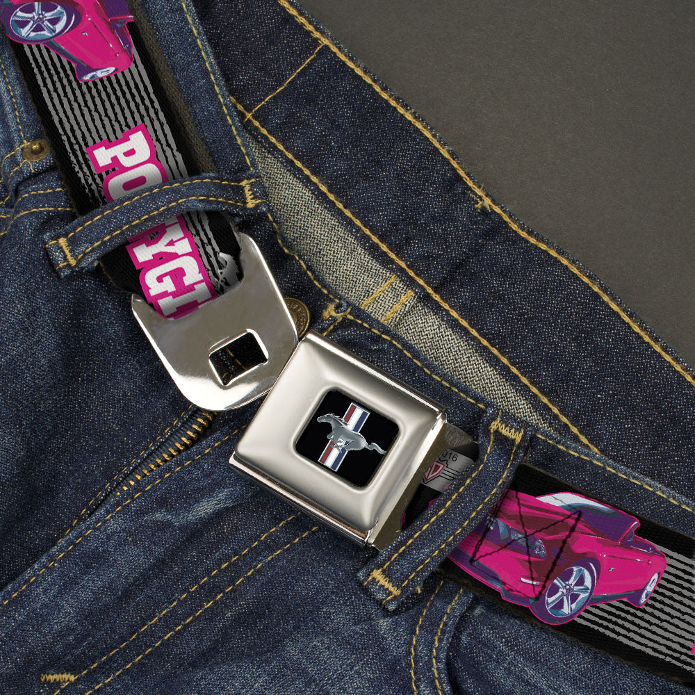 Ford Mustang Emblem Seatbelt Belt - Mustang PONY GIRL/Tire Tread Black/Gray/Fuchsias Webbing