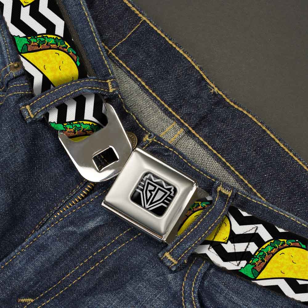 BD Wings Logo CLOSE-UP Full Color Black Silver Seatbelt Belt - Taco/Chevron Black/White Webbing