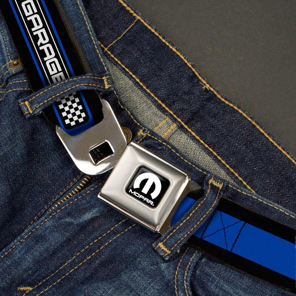 MOPAR Logo Full Color Black White Seatbelt Belt - MOPAR GARAGE Checker Logo/Stripe Black/Blue/White Webbing
