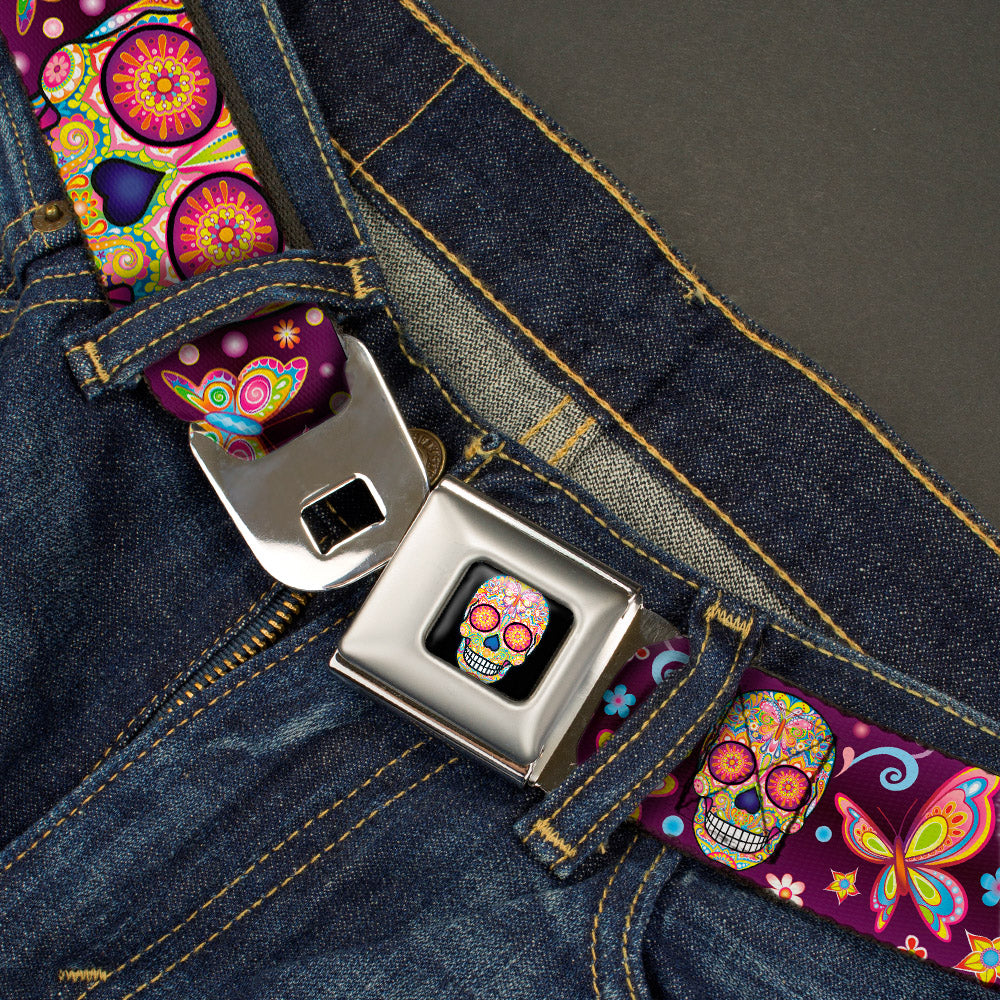 Mariposa Calavera Full Color Black/Multi Color Seatbelt Belt - Mariposa Calaveras/Butterflies/Flowers Burgundy/Multi Color Webbing
