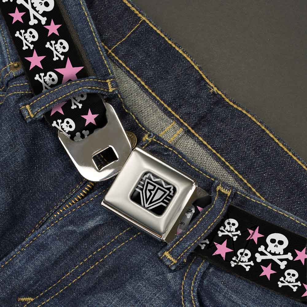 BD Wings Logo CLOSE-UP Full Color Black Silver Seatbelt Belt - Skulls & Stars Black/White/Pink Webbing