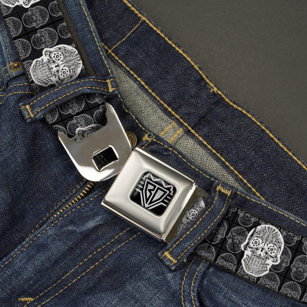 BD Wings Logo CLOSE-UP Full Color Black Silver Seatbelt Belt - Skull Candy Black/Gray/White Webbing