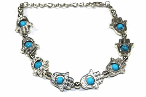 Hamsa Red Beaded Bracelet Adjustable Silver Tone Protection