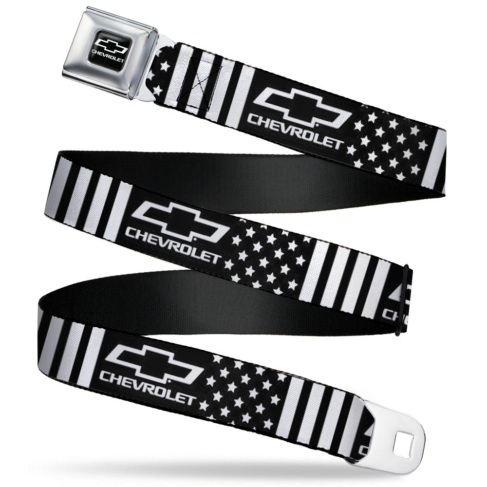 Chevy Bowtie Full Color Black/White Seatbelt Belt - CHEVROLET Bowtie Americana Stars and Stripes Black/White Webbing