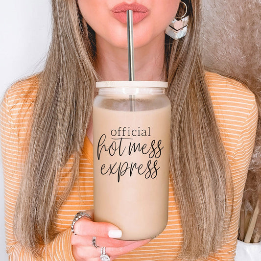 Hot Mess 17oz Glass Tumbler With Bamboo Lid, 2 Stainless Straws and Cleaner