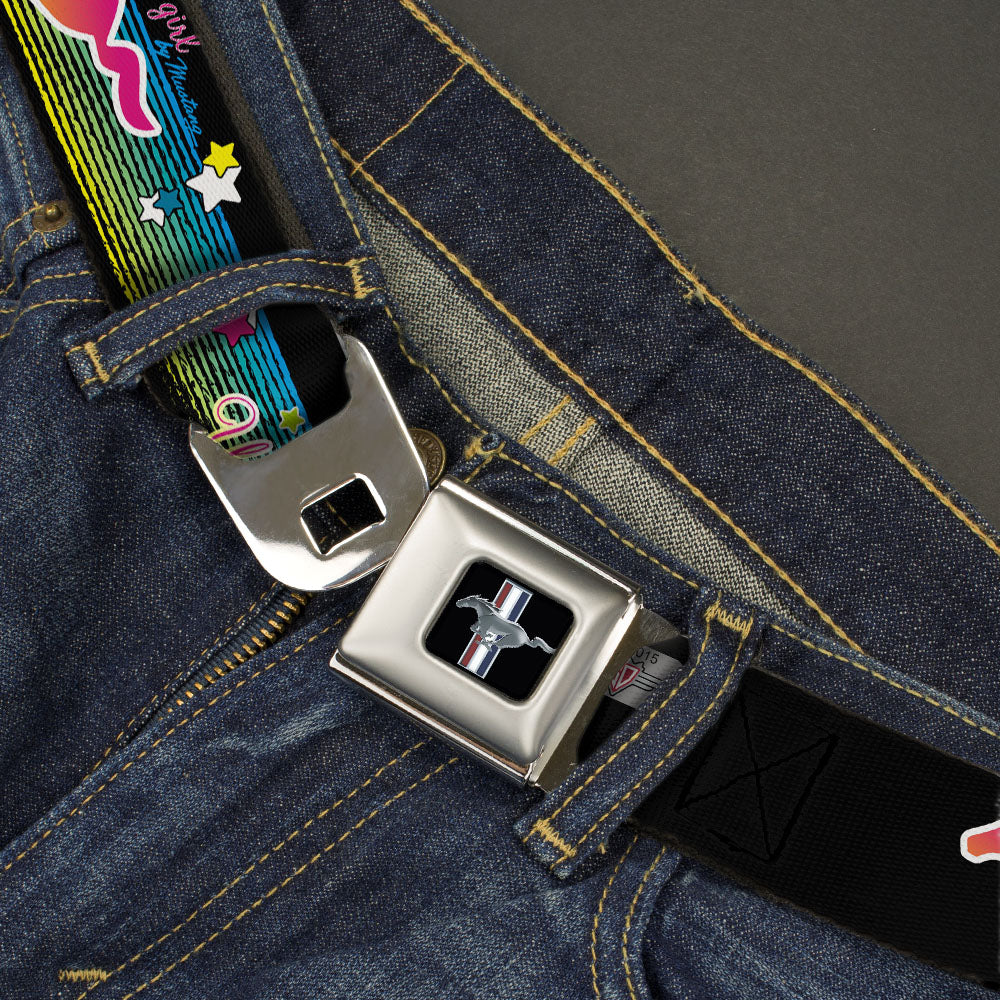 Ford Mustang Emblem Seatbelt Belt - Mustang PONY GIRL UNTAMED SPIRIT/Stars Black/Multi Color Webbing