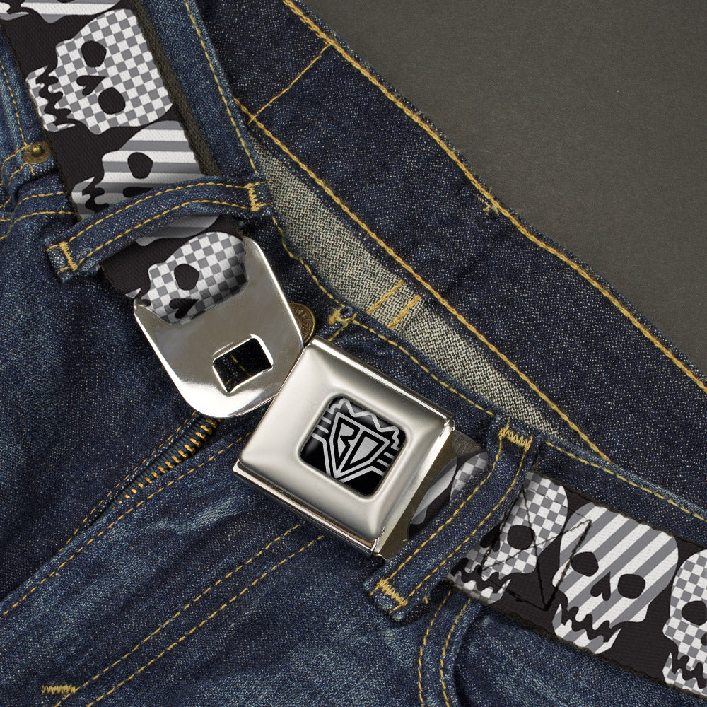 BD Wings Logo CLOSE-UP Full Color Black Silver Seatbelt Belt - Checker & Stripe Skulls Black/White/Gray Webbing
