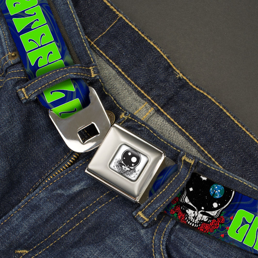 Space Your Face Silver Black Seatbelt Belt - GRATEFUL DEAD Space Your Face CLOSE-UP Swirl Blues/Greens Webbing