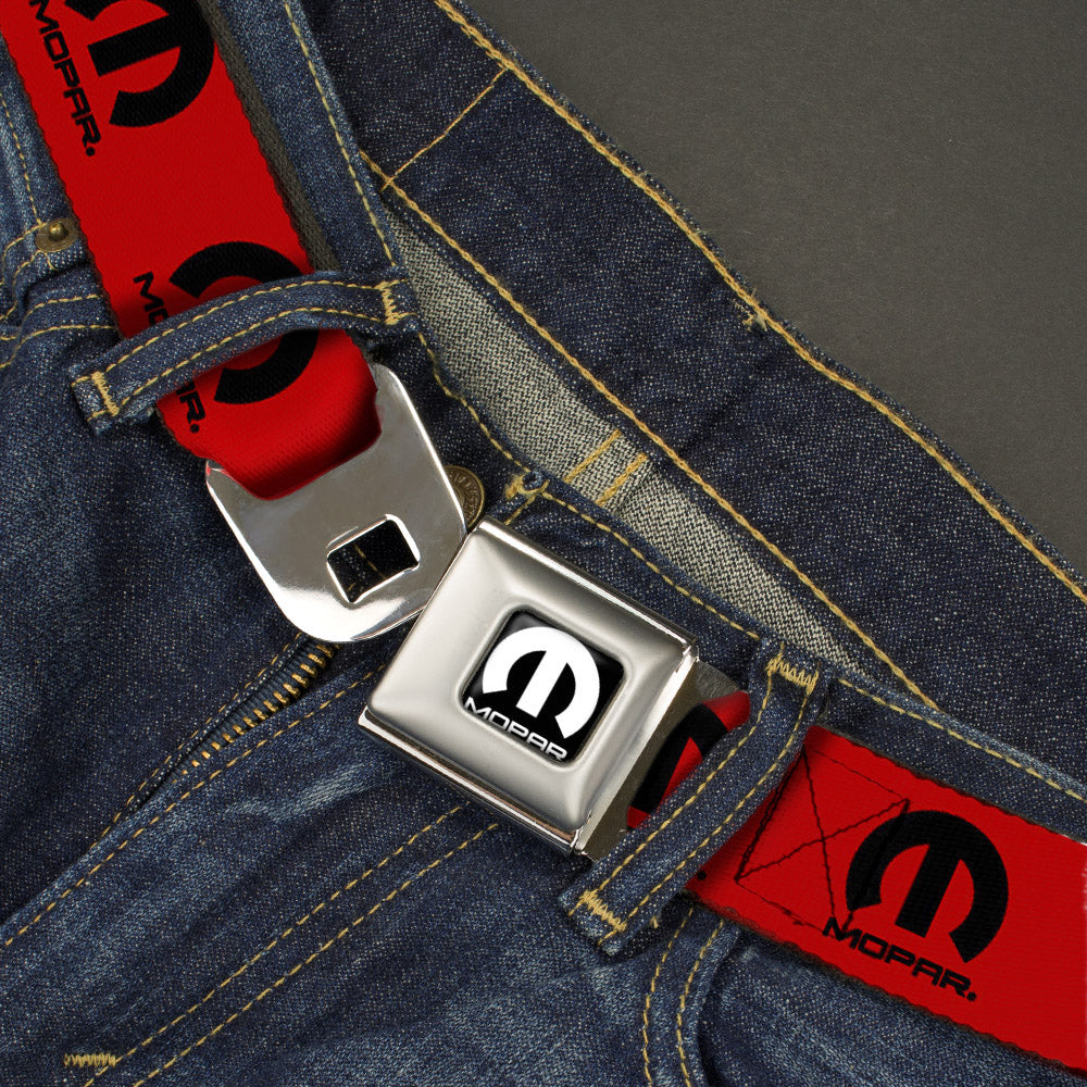 MOPAR Logo Full Color Black/White Seatbelt Belt - MOPAR Logo Repeat Red/Black Webbing