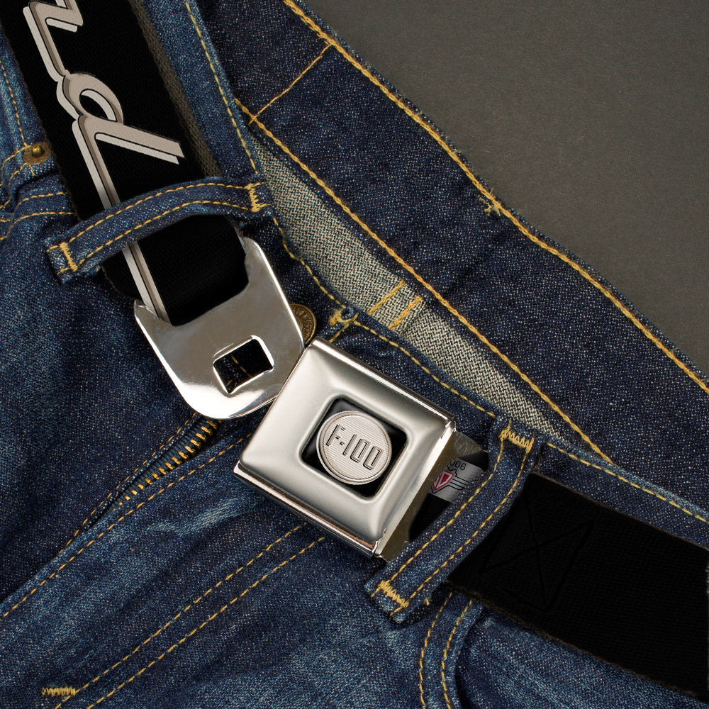 Ford F-100 Logo Full Color Black Tans Seatbelt Belt - FORD F-100 Script Black/Tan-Gray Webbing