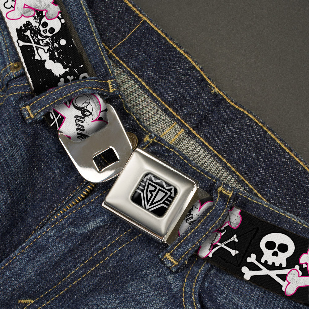 BD Wings Logo CLOSE-UP Full Color Black Silver Seatbelt Belt - Punk Heart & Cross Bones w/Skulls & Splatter Black/White Webbing