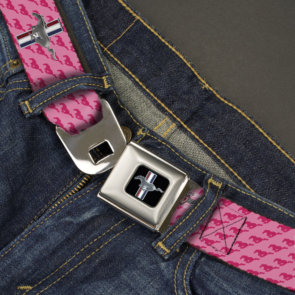 Ford Mustang Emblem Seatbelt Belt - Ford Mustang w/Bars w/Text PINK LOGO REPEAT Webbing