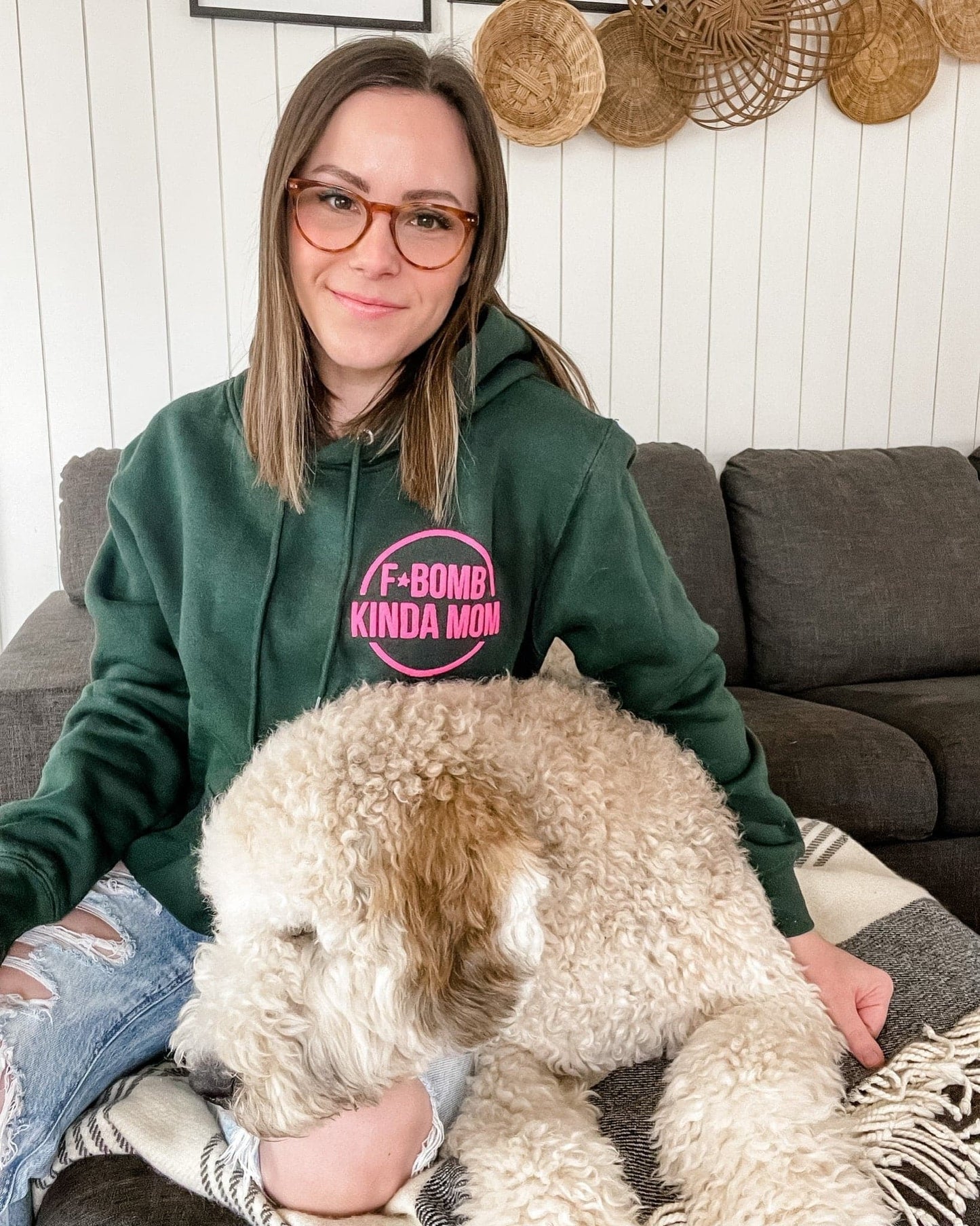 F Bomb Mom Evergreen Hoodie with Neon Pink Puff Print