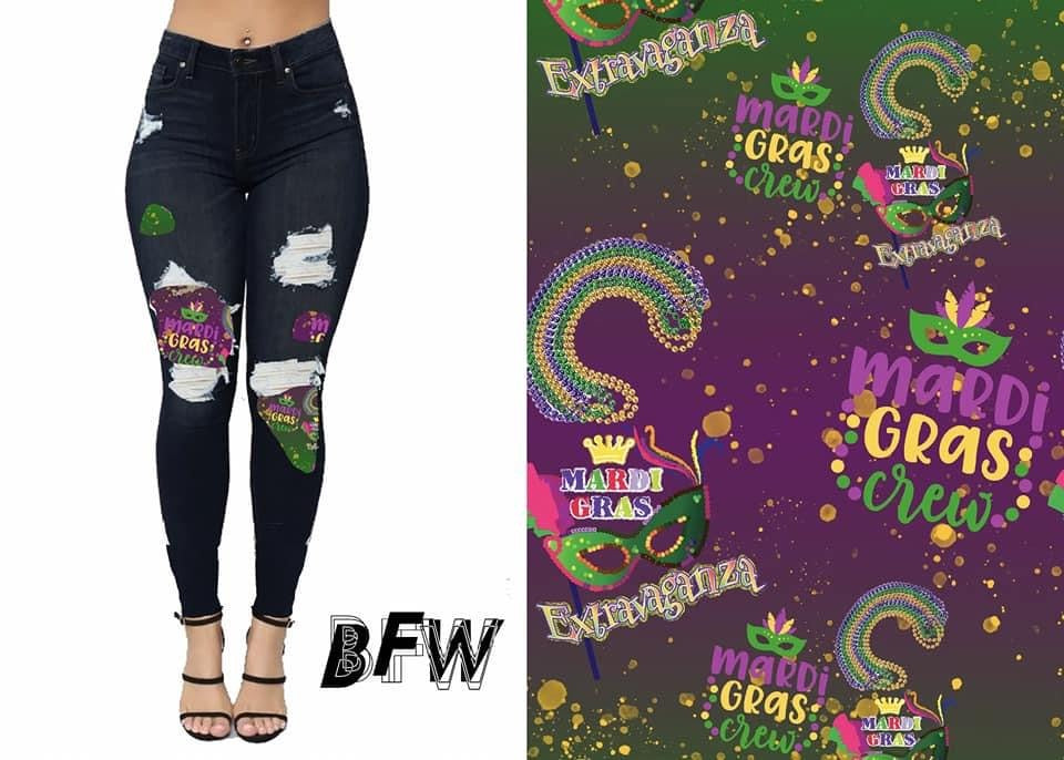 Mardi Gras Beads - (Peekaboo Faux Denim) Leggings