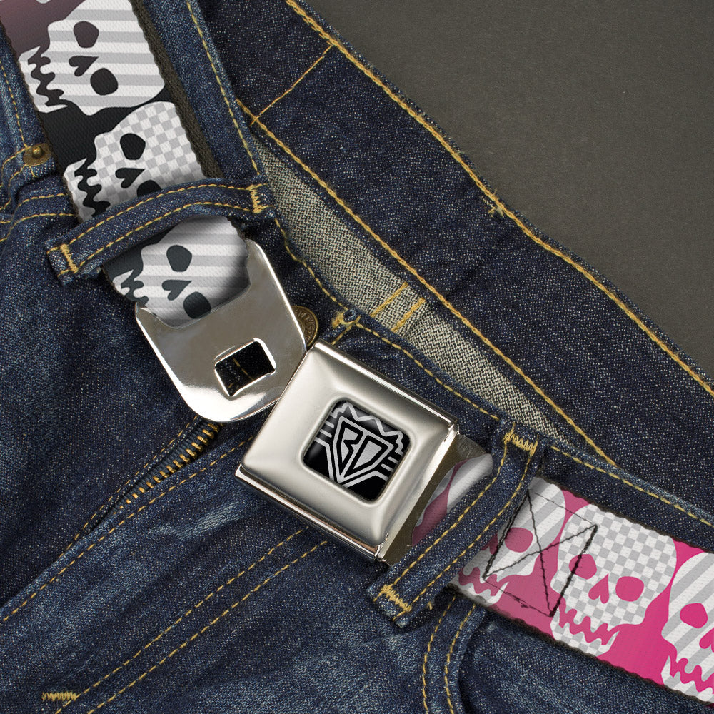 BD Wings Logo CLOSE-UP Full Color Black Silver Seatbelt Belt - Checker & Stripe Skulls Gradient Blue/Fuchsia Webbing