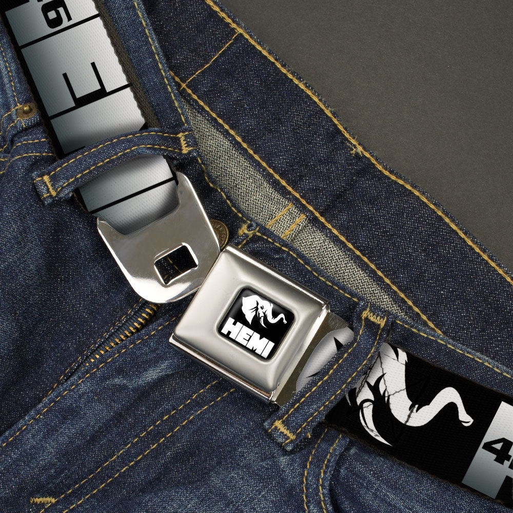 HEMI Elephant Logo Full Color Black/White Seatbelt Belt - HEMI 426/Elephant Logo 50 YEARS Black/White/Silver-Fade Webbing